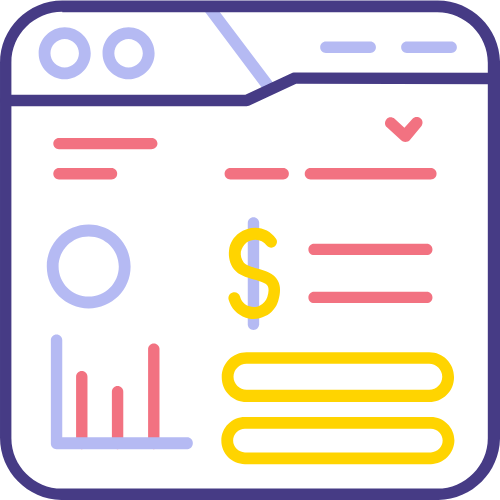 Colorful financial dashboard illustration with graphs and symbols.