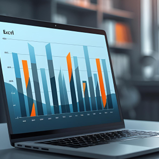 Laptop displaying Excel bar chart.