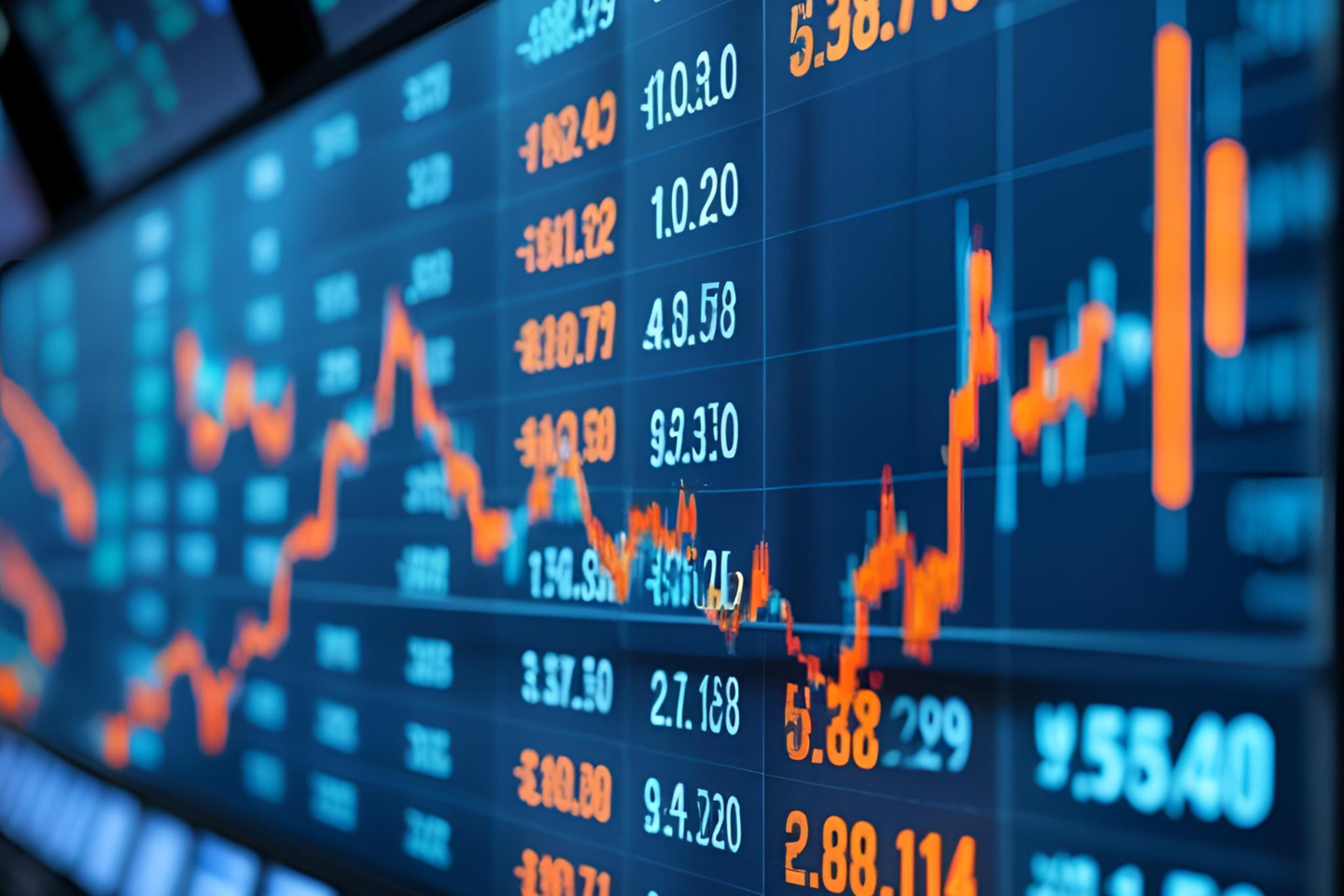 Stock market data on digital screen with graphs